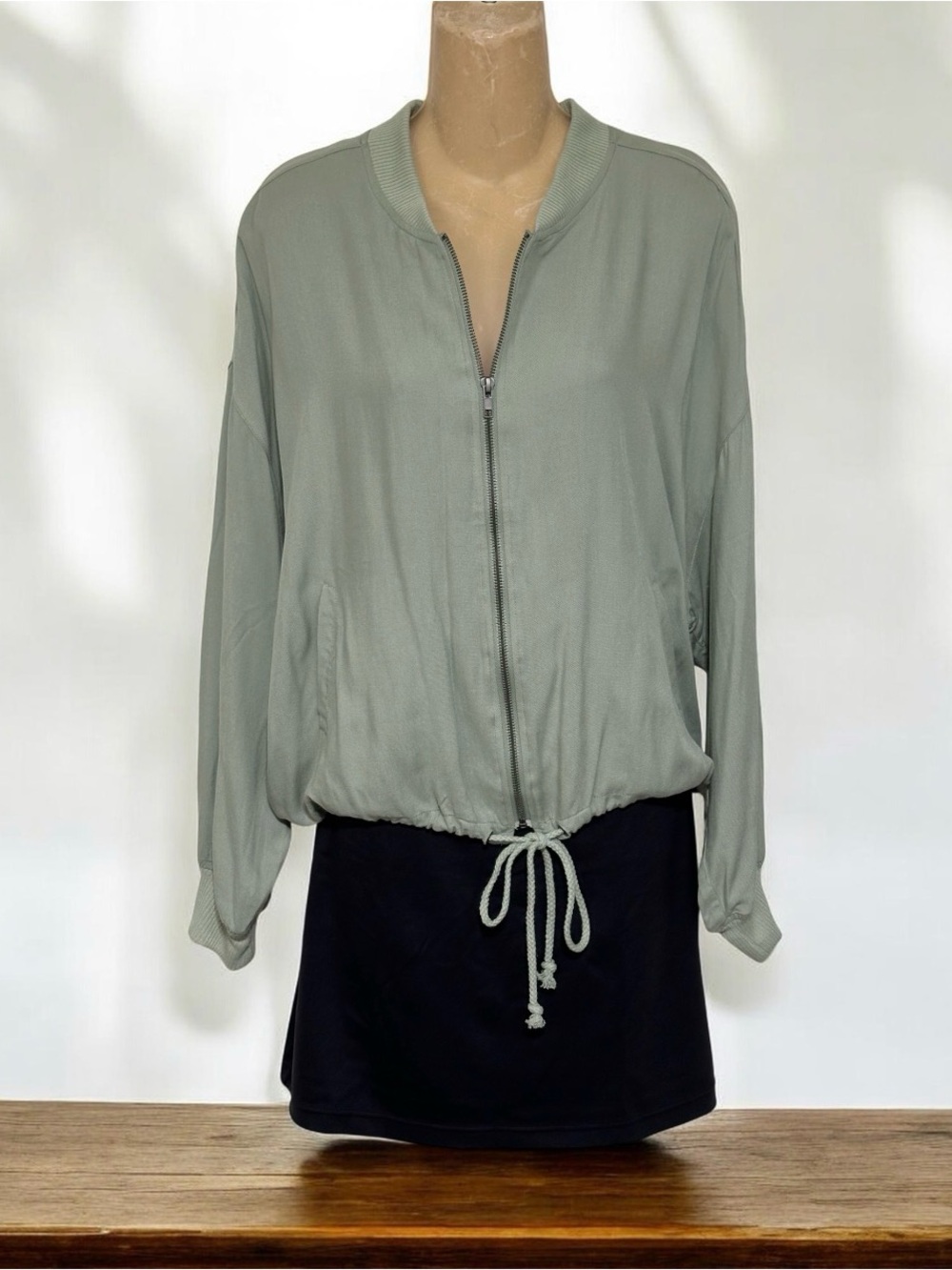 Steve Madden Sage Green Zip-Front Drawstring Bomber Jacket